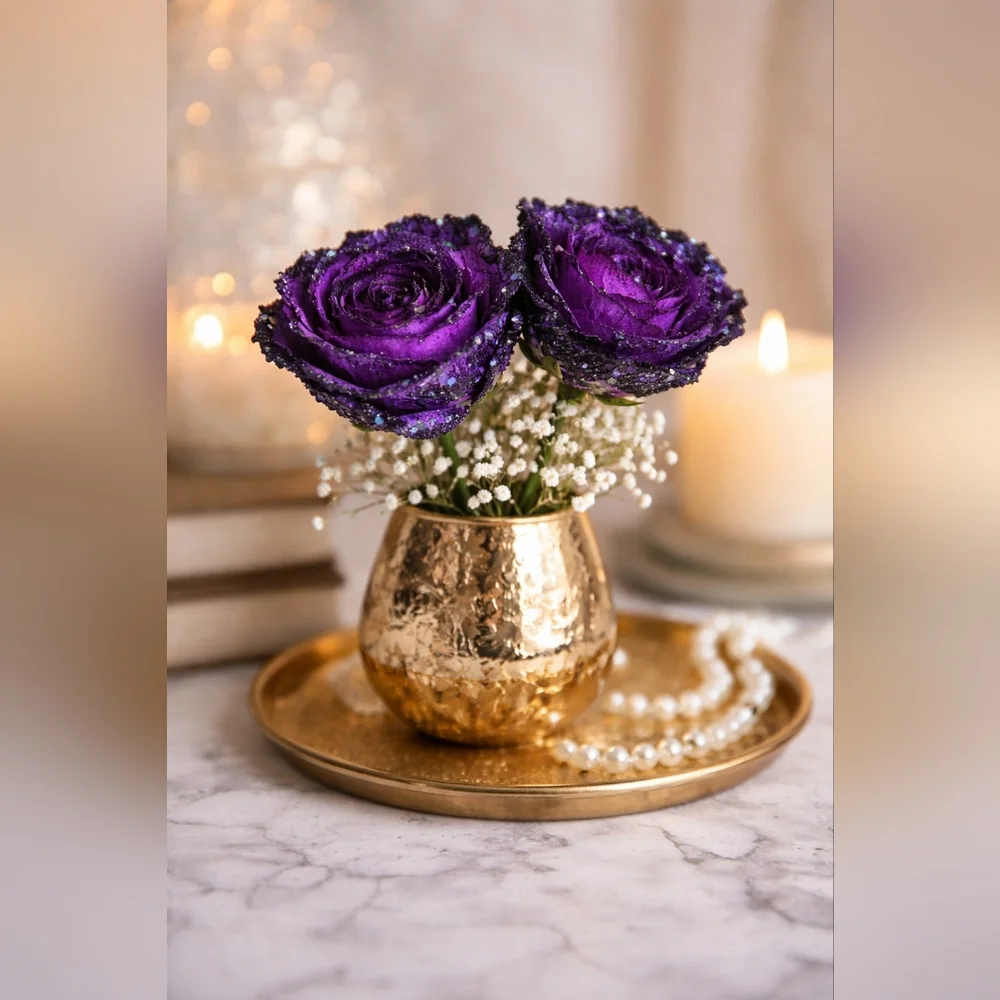 Two purple roses with black glitter artificial floral Handmade